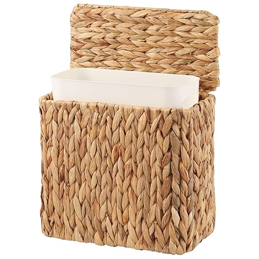 Wicker Trash Can with Lid and Liner Bathroom Trash Can with Lid Natural Water Hyacinth Wicker Waste Basket Boho Rattan Garbage Wastebasket for Bedroom Living Room Office Kitchen