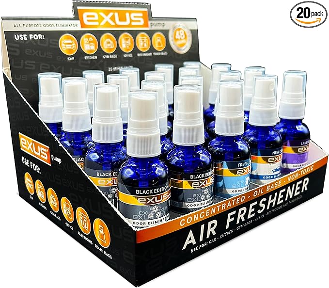 Exus Pump Spray Concentrated Oil Based Odor Eliminator &amp Air Freshener Use for house car bathrooms Kitchen office. Strong Air freshener Display Mix (20 Count)