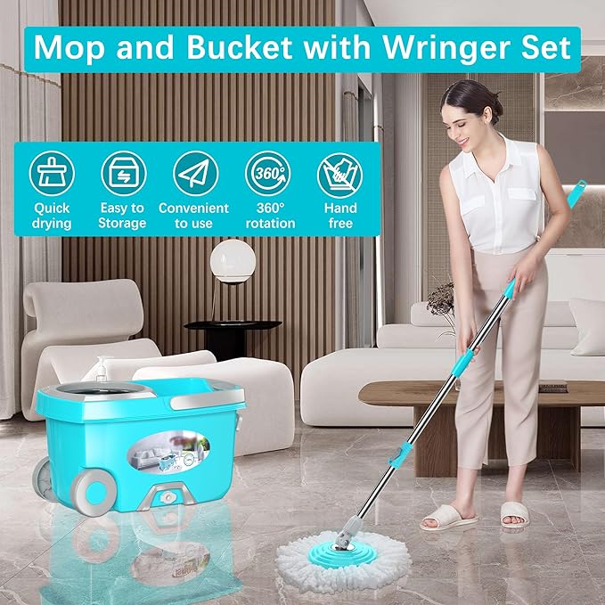 FunClean Spin Mop and BucketMop and Bucket with Wringer Set for Home360 Spinning Mopping Floor Cleaning Tool with 6 Microfiber Replacement Head Refills61 Extended Handle 2X Wheel - Blue