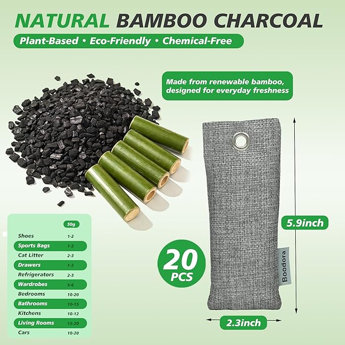 Activated Charcoal Bags Air Purifying 20 Pack Bamboo Charcoal Odor Absorber for Shoes Closet Drawer Car 50g Gray Natural Odor Neutralizer Moisture Absorber Reusable up to 2 Years