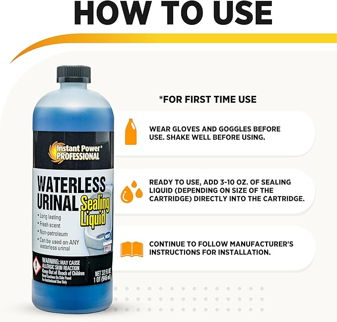 Instant Power Professional Waterless Urinal Sealing Liquid – Cleaner and Deodorizer Ready to Use Neutral pH 32 Fl Oz