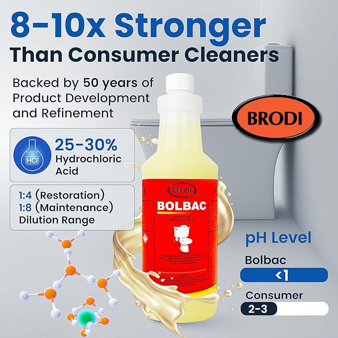 Brodi BolBac Heavy Duty Toilet Bowl Cleaner High-Power 25-30% HCI Formula Fast Lime &amp Rust Removal Fixture-Safe Removes Odor-Causing Build-Up (Pack of 3)