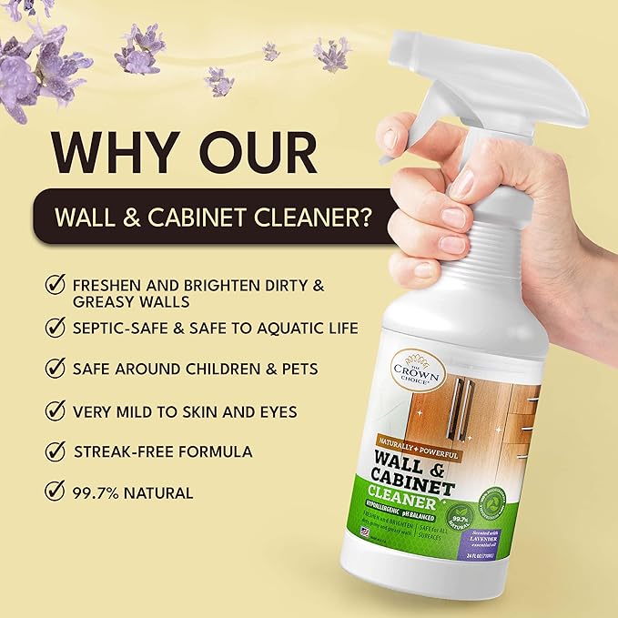 Natural Wall Cleaner &amp Household Cleaning Brush Set Bundle 24 Oz Lavender Stain Remover Spray and 3 Pcs Brushes Set - a perfect comb for cleaning Walls Ceilings Cabinets Baseboards Wood Stain