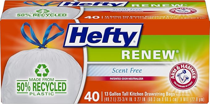 Hefty Renew Tall Kitchen Trash Bags White Unscented 13 Gallon 40 Count