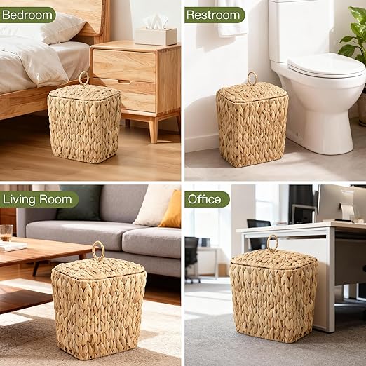 Wicker Waste Basket and Toilet Paper Holder 2.5 Gal Handwoven Water Hyacinth Trash Can with Lid Garbage Bin Toilet Paper Storage Woven Rustic Decorative for Bedroom Bathroom Office Living Room
