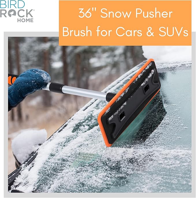 BIRDROCK HOME 36 Extendable Snow Pusher Brush &amp Detachable Ice Scraper for Cars | Aluminum Grip for Car Truck SUV | Safe on Auto Windshield &amp Windows | Wide Frost Remover for Semi &amp Sma