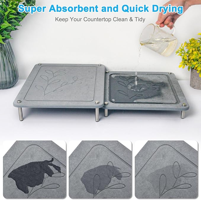 3Pcs Nesting Stone Drying Mat for Kitchen Counter Quick Drying Dish Drying Mat with Non-Slip Feet Super Absorbent Heat Resistant Diatomaceous Earth Dish Drying Mat for Dishes Bottles Cups-Leaf