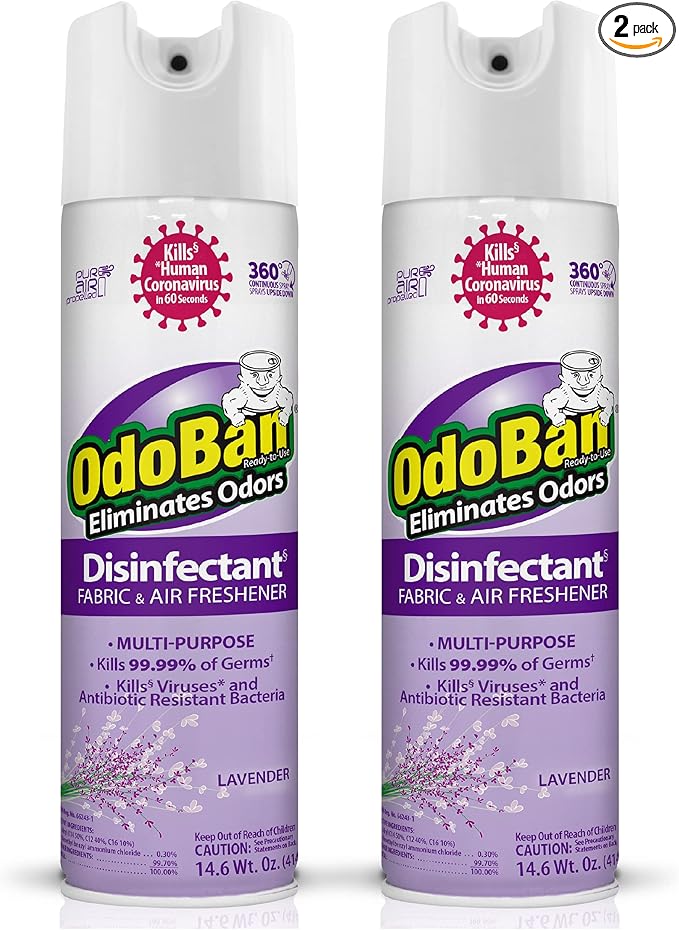 OdoBan Ready-to-Use 360-Degree Continuous Spray Disinfectant and Harsh Aroma Eliminator Fabric and Air Freshener 2 Pack 14.6 Ounces Each Lavender Scent