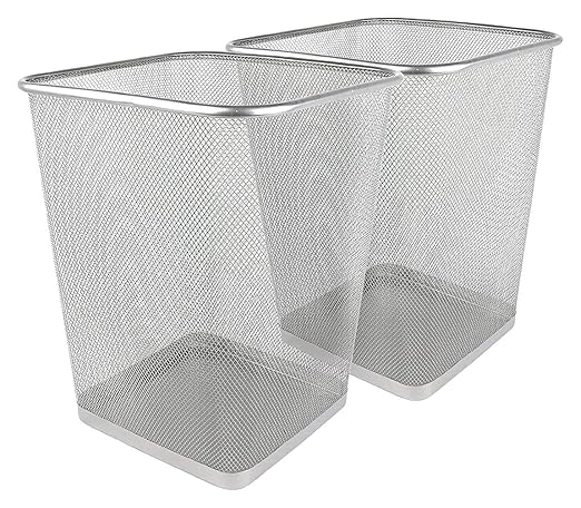 Greenco Mesh Square Wastebasket 6 Gallon 2pk (Silver) - Lightweight Garbage Trash Cans for Bedroom Kitchen Dorm - Trash Can for Office &amp Home