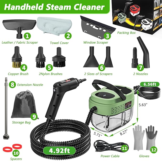 Handheld Steam Cleaner 2500W High Pressure Steamer for Cleaning Portable Steam Cleaner with 1.6L Water Tank 3 Levels Adjustable Handle Steam Cleaner for Home Car Furniture Bed Bugs (Green)