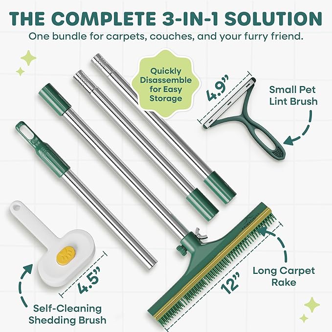 Carpet Rake for Pet Hair Removal 60” Long Handle – Heavy-Duty Pet Hair Remover for Carpets Rugs &amp Mats Cat Dog Fur Rakes Scraper Carpet Broom for Carpets with Copper Teeths