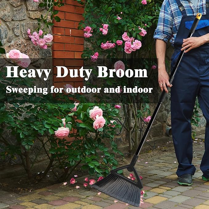 Heavy Duty Commercial Broom 3 Pack Upgraded Angle Brooms for Sweeping Outdoor and Indoor Perfect Black Brooms of House Kitchen Garage Courtyard Concrete