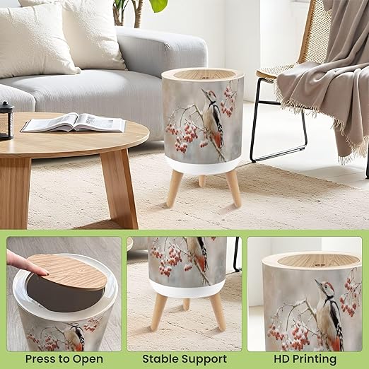 Bathroom Trash Can with Lid Abstract Woodpecker Snowy Red Berries Snow Tree Branch Winter Setting Garbage Bin Waste Basket for Kitchen Office Bedroom Decoration Diaper Pail 1.8 Gallon