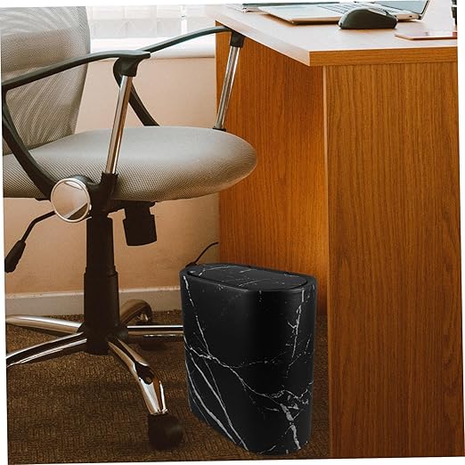 Happyyami Slim Marble Trash Can Compact Plastic Wastebasket with Lid for Bathroom Kitchen Office Bedroom Stylish Narrow Garbage Bin for Efficient Space Utilization