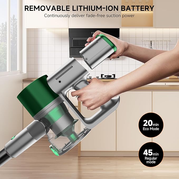 Cordless Stick Vacuum Cleaner - Lightweight Handheld Vacuum with Self Standing Removable Battery with 45min Running Time Anti-tangle Wireless Vacuum for Home Pet Hair/Hardwood Floor/Carpet GB