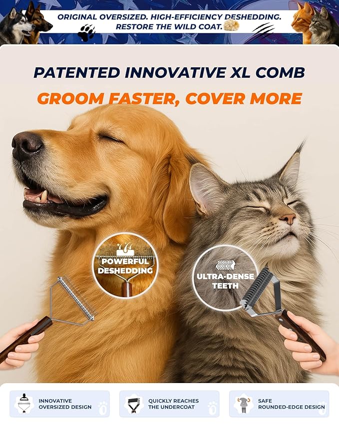 Dog Brush for Shedding 20 Blade Dematting Tool Pet Brush Dual Side Undercoat Rake for Large Medium Small Dogs and Cats Shedding Dog Comb for Grooming Premium Wood Handle