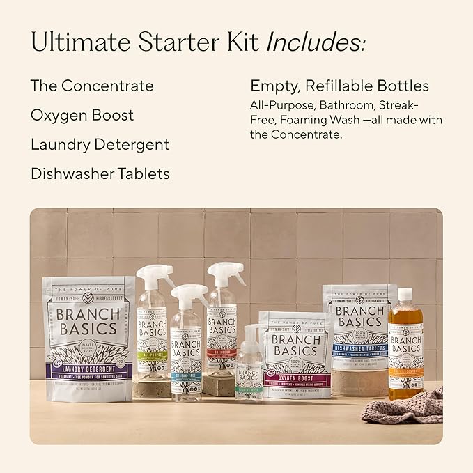 Branch Basics Ultimate Starter Kit: Natural All Purpose Cleaner Glass Bathroom Foaming Hand Wash (4 Plastic Bottles + Concentrate + Oxygen Boost) Laundry Detergent Plastic-Free Dishwasher Tablets