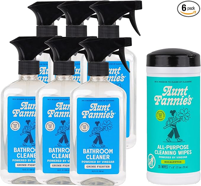 Aunt Fannie's Bundle: Bathroom Cleaner Spray 6 Pack + Vinegar Cleaning Wipes 35 Count Eucalyptus