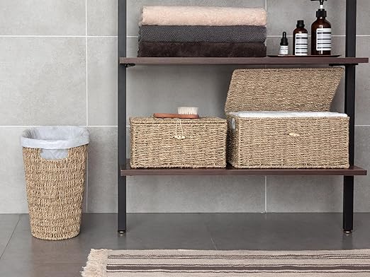StorageWorks Wicker Waste Basket Handwoven Seagrass Trash Can with Built-in Handles Wicker Garbage Can for Bedroom Bathroom 1 Pack