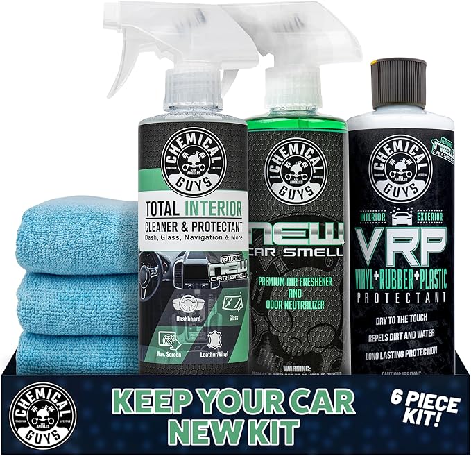 Chemical Guys Keep Your Car New Kit Ideal for Cleaning and Detailing. Includes New Car Scented VRP Total Interior Air Freshener and 3 Detailing Towels - 6 Piece Kit