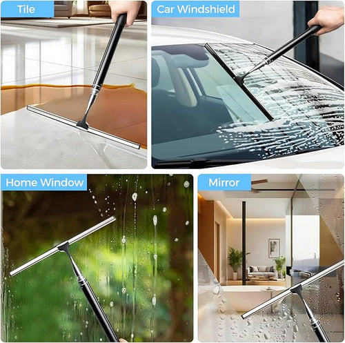 16.7“- 59.5 Long Handle Window Squeegee with Extension Pole 12.4 Wide Metal Shower Squeegee for Glass Doors 2-in-1 Squeegee for Home Window Cleaning Tile Wall Car (Silver)