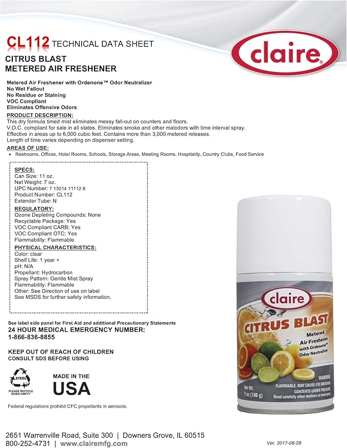 Claire C-112 Citrus Splash Metered Air Freshener Aerosol Can 7 Ounce (Pack of 12)