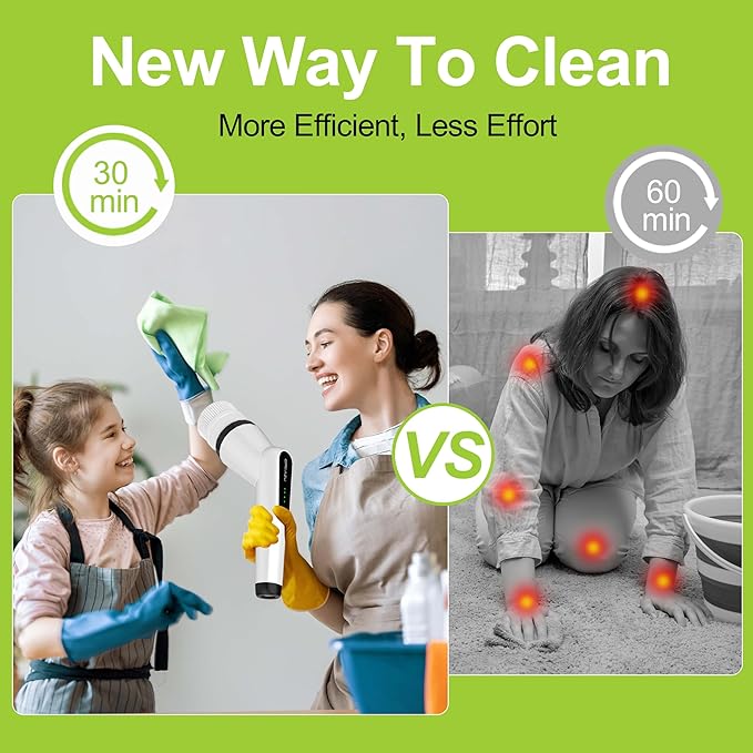 Electric Scrubber Brush IPX7 Electric Scrubber for Shower Electric Cleaning Brush Scrubber with 7 Replaceable Brush Heads &amp Retractable Handle 2-Speed Adjustable Spin Cleaning Brush