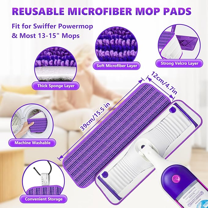 Grey Flat Floor Mop with 4 Reusable Microfiber Pads for Dusting + Purple Flat Floor Mop with 4 Washable Microfiber Pads for Mopping
