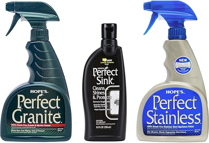 HOPE'S Perfect Stainless Perfect Granite and Perfect Sink Cleaner Bundle Streak Free Polishing Kitchen Cleaners Removes Stains Restores and Repels Water 3 Pack
