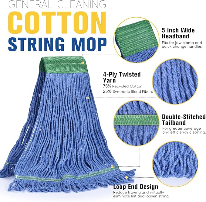 Matthew Cleaning Commercial Mop Head Replacement 5 Inch Wide Headband Looped End Cotton Blend String Wet Mops for Floor Cleaning 28 oz Extra Large 3-Pack Blue