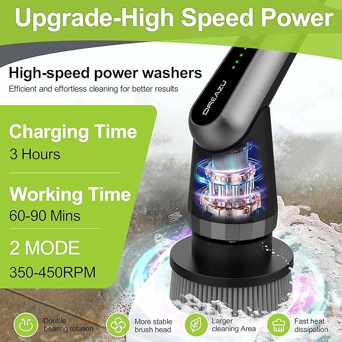 G2-Pro Electric Spin Scrubber - Upgraded 10-in-1 Scrubber Brush Electric Retractable Handle &amp 2-Speed for Bathroom Bathtub Kitchen Tile Floors(Gray Brush Head