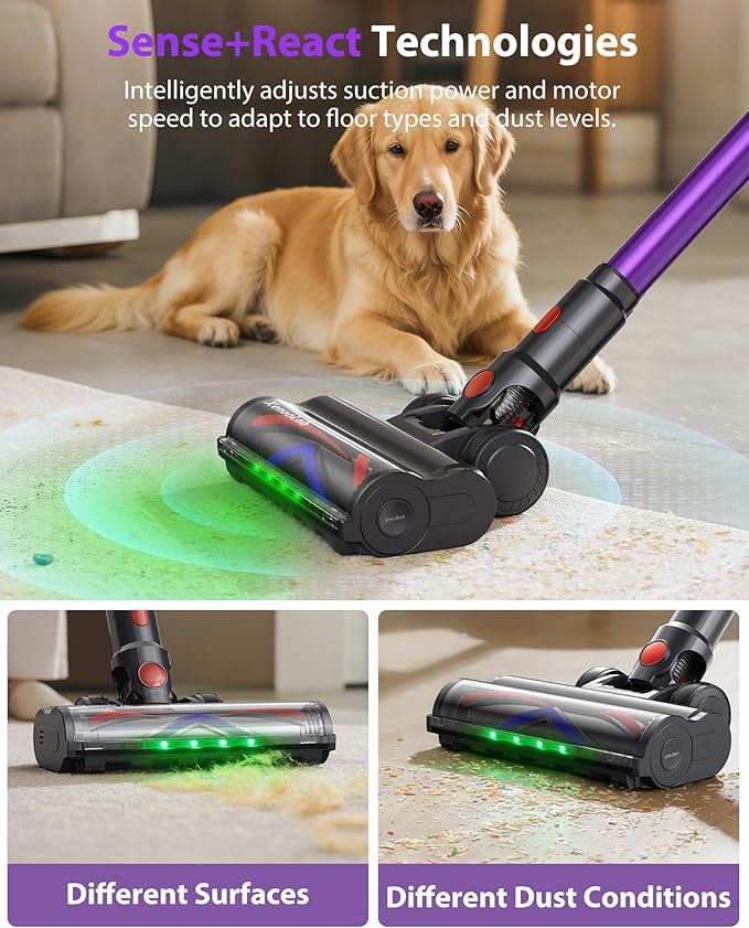 Cordless Vacuum Cleaner 75Mins/55KPa/650W Self-Standing Stick Vacuum Cleaners for Home Rechargeable Lightweight Cone Filtration&ampAnti-Tangle for Hard Floor Carpet Hardwoods Pet Hair
