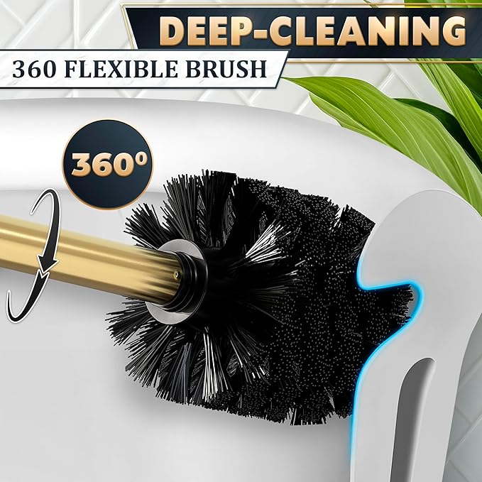 Gold Toilet Brush and Holder Set with Wall Mount - Modern Wall Mounted Toilet Brush Made from Corrosion-Resistant Stainless Steel - Removable Inner Bowl Splash Protection &amp Dense Bristles Supplie