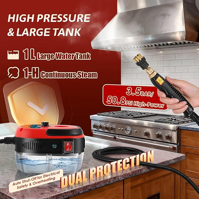 2500W Handheld Steam Cleaner Pressurized Steam Cleaning Machine with 3 Brush Heads 20s Heat Up 1L Tank Multipurpose Mini Portable Steamer for Tile Grout Furniture Kitchen Car Home