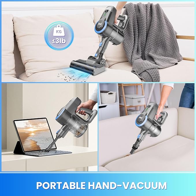 Lightweight Cordless Vacuum Cleaner for Home Powerful Wireless Vacuum with LED Lights &amp Anti-Tangling Roller 8 in 1 Stick Vacuums &amp Electric Brooms for Hard Floor Pet Hair Carpet (Blue)