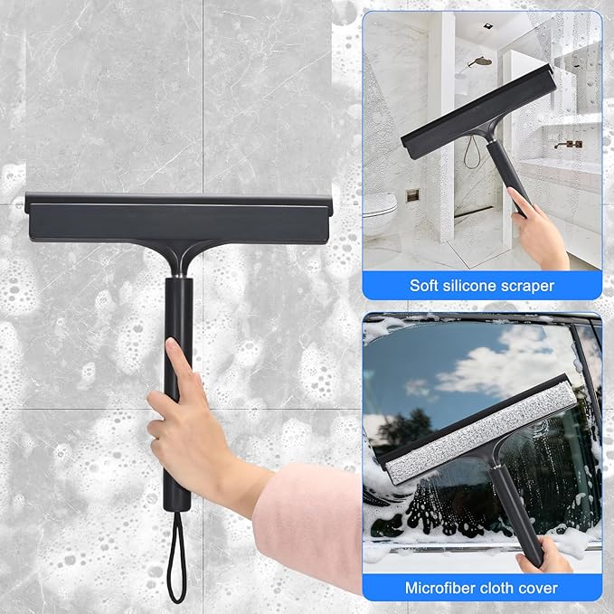 Shower Squeegee with Long Handle Telescoping Window and Floor Extendable Squeegee for Shower Glass Bathroom Surfaces Mirrors and Smooth Floors Includes Replaceable and Washable Cloth Pads