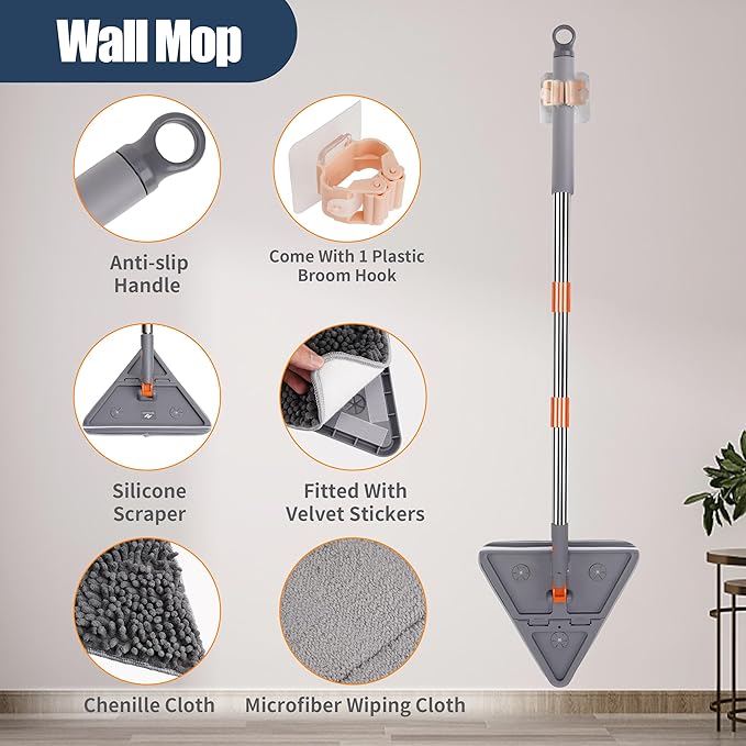 80 Extendable Wall Cleaner Mop with Rotating Head | 3-in-1 Adjustable Wall Mop with Microfiber Pads &amp Gloves | 360° Wall Cleaner with Long Handle for Windows Floors &amp Baseboards