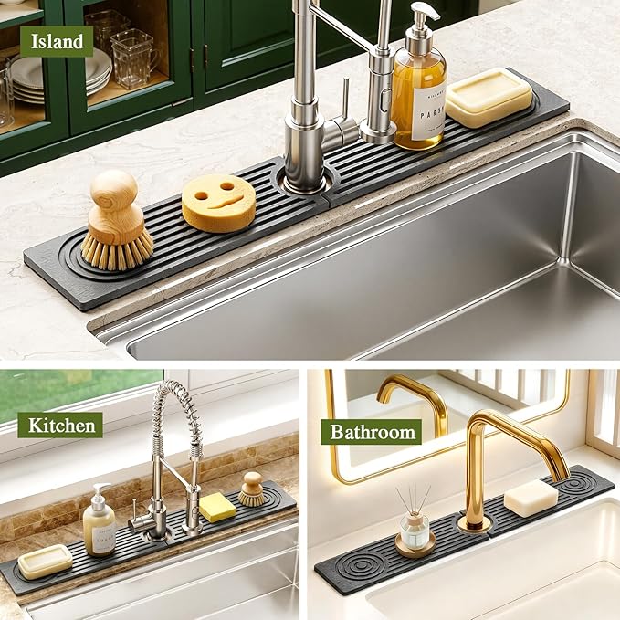 2 Pack Stone Faucet Mat for Kitchen Sink Absorbing Drying Stone Mat Prevent Moisture Sink Splash Guard WaterNatural Diatomite Stone Tray for Bathroom Counter 23.6*3.9inch (White+Grey)