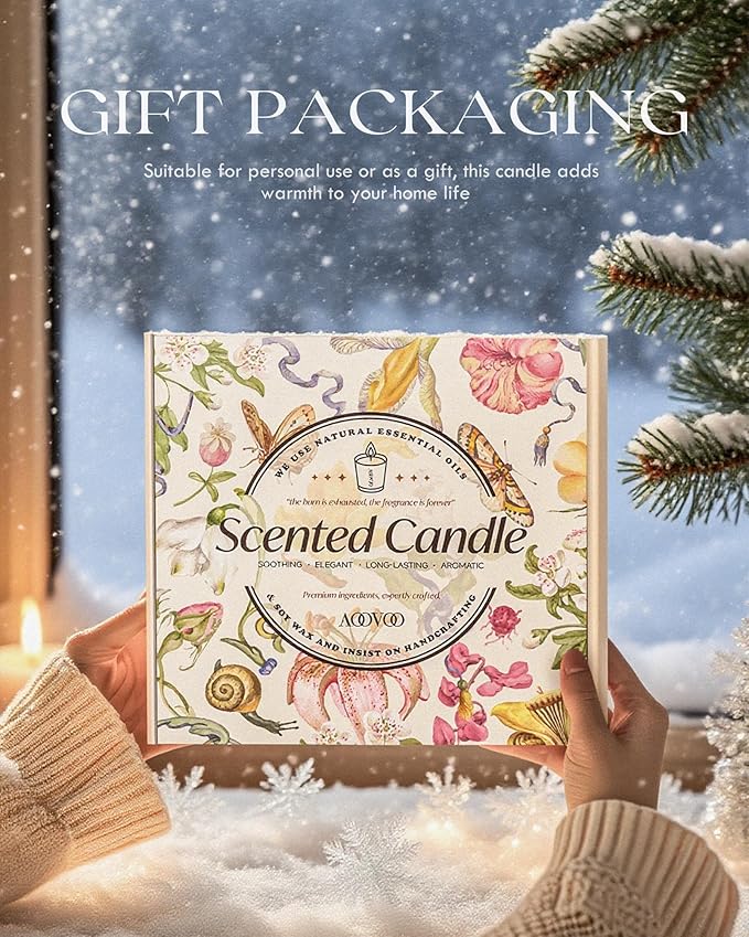 AOOVOO Holiday Candles Set for Women - 4 Pack Candles for Home Scented Aromatherapy Candle with Crystals 28 oz 200 Hour Long Lasting Candle Winter Fragrance of Cedar Fir Hot Cocoa Vanilla Cake