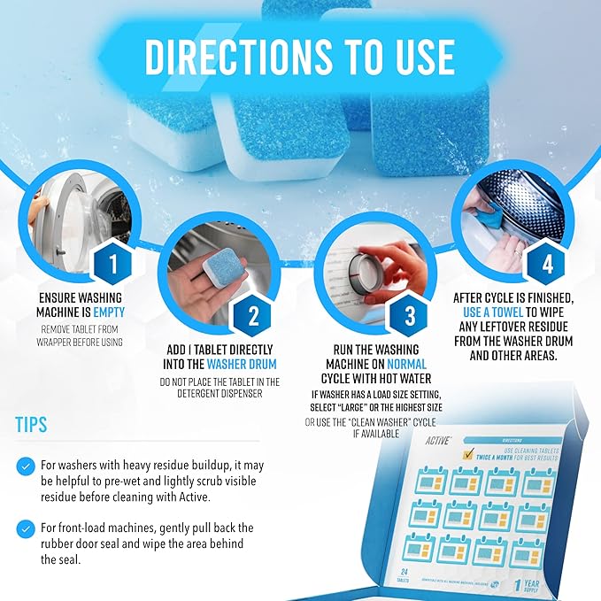 ACTIVE Ice Machine Cleaner and Washing Machine Cleaner - Includes 32oz Ice Maker Cleaning Solution and 24ct Washer Cleaner Tablets