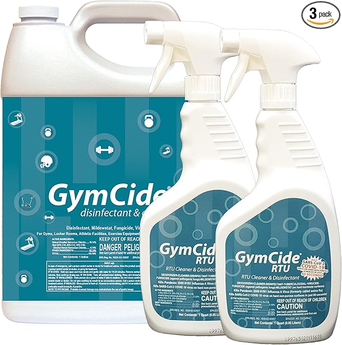 GymCide Disinfectant Cleaner and Deodorizer for Gyms Sports Equipment and Fitness Centers Bundle (1 Concentrated Gallon and 2-32 Ounce Bottles)