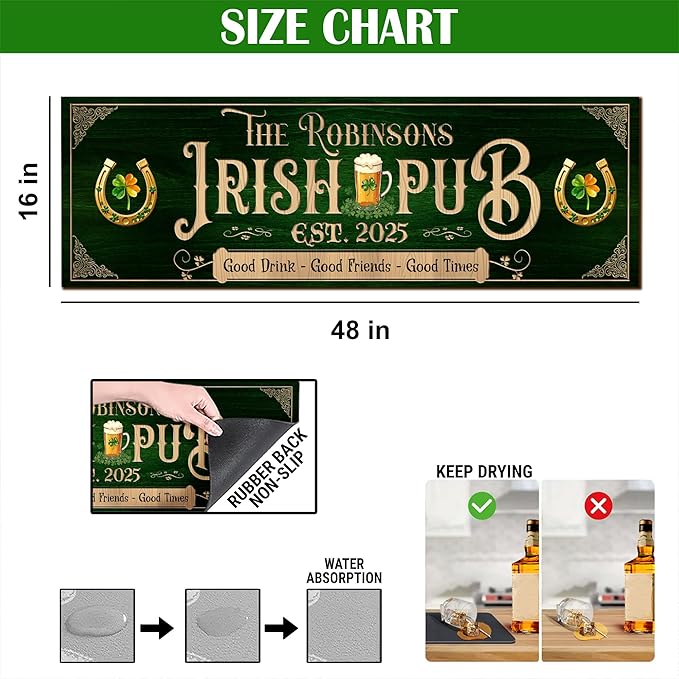 THUYPT Personalized Irish Bar Mat Dish Drying Mat for Irish Pub St Patrick's Day Decor Bar Shamrock Spill Mat Kitchen Counter Accessories Home Bar Decor St Patrick's Day (07)