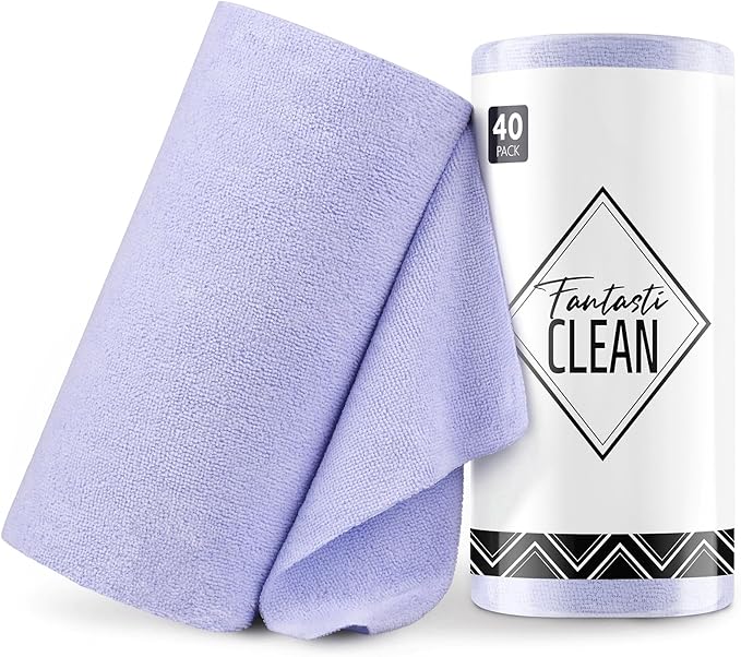 Fantasticlean Microfiber Cleaning Cloth Roll -40 Pack Tear Away Microfiber Towels 12 x 12 Reusable Washable Scratch Free Ultra Absorbent for All-Around Cleaning Supplies (Lavender)