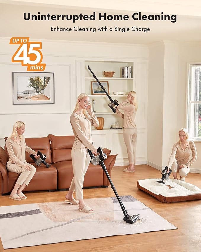 Trucozie Cordless Vacuum Cleaner 8-in-1 Lightweight Stick Vacuum with 45mins Runtime Powerful Suction Vacuum Cleaners for Home Hardwood Floors Carpet Pet Hair Black