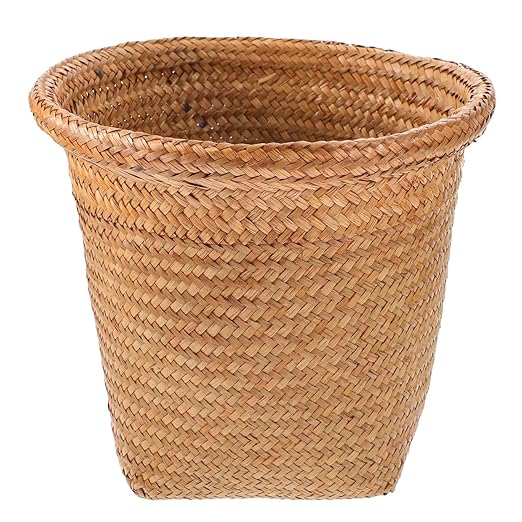 Healifty Straw Woven Wastebasket Medium Handwoven Household Waste Can for Office Bedroom Bathroom Home Rustproof Rubbish Container with Neat Edges for Easy Waste Paper Disposal Random Color