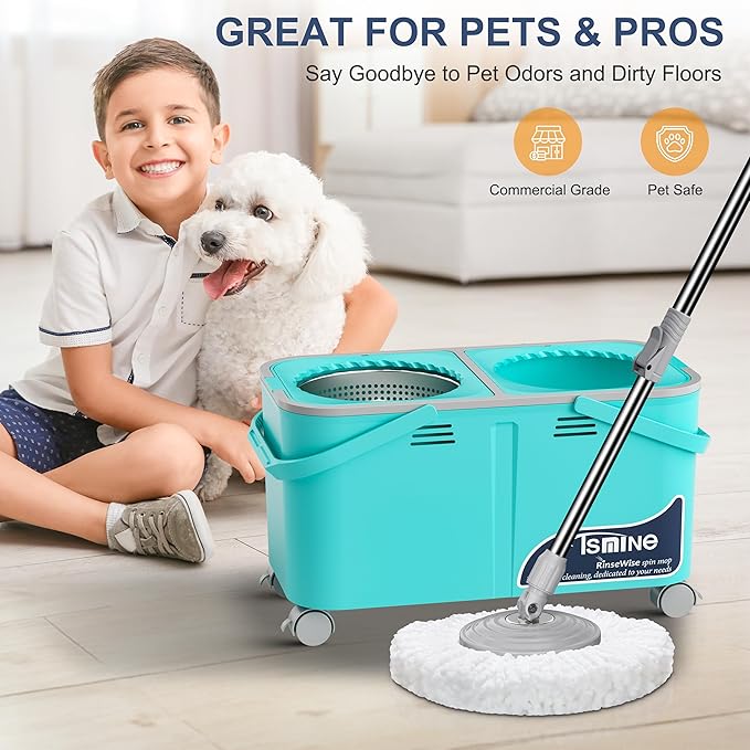 Easy-Use Spin Mop for Cleaner Controlled Rinsing Clean &amp Dirty Water Separation Mop Bucket for Pet &amp Family Homes360° Swivel Wheels Safe for Hardwood &amp Tile Adjustable Handle6 Reusab