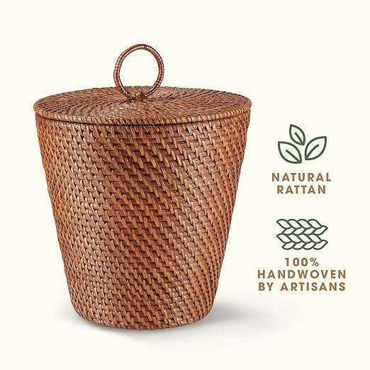 3 Gallon Rattan Trash Can with Lid and Liner - Wicker Trash Can for Bathroom Bedroom Kitchen Living Room