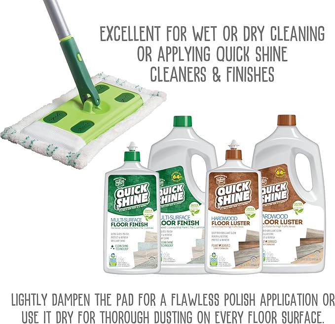 Quick Shine Hardwood Floor Clean + Polish Mop Kit w/ 3 Reusable Pads &amp 1-16 oz. Floor Luster w/Plant-Derived Carnauba | Use Wet + Dry | Safer Choice pH Neutral Ready to Use Formula