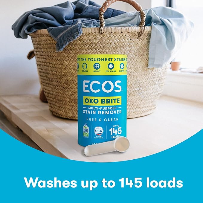 ECOS OXO BRITE Multi-Purpose Stain Remover Brightens &amp Whitens Free &amp Clear 145 Loads Plastic-Free Safer Choice Certified 2 lbs