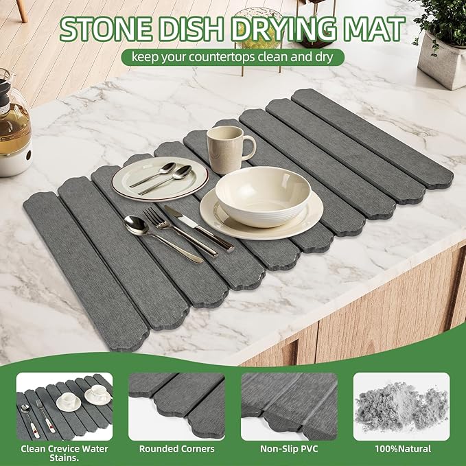 Large Stone Dish Drying Mat for Kitchen Counter24(L)×16(W) Quick Dry Collapsible Dish Drying MatEco-Friendly Diatomaceous Earth Mats for Dishes Bottles CupsMatch Any Countertop Dark Gray